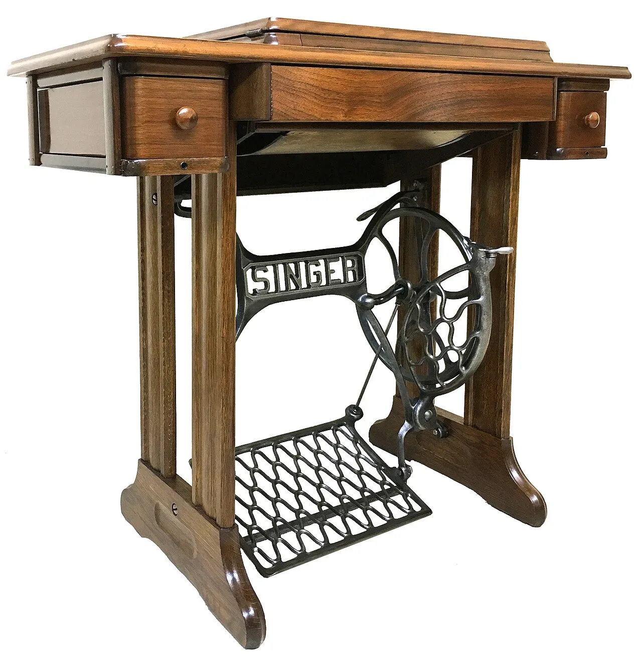 meuble de machine à coudre Singer des années 1930 restauré avec son plateau en bois meuble de machine à coudre Singer des années 1930 restauré avec son plateau en bois