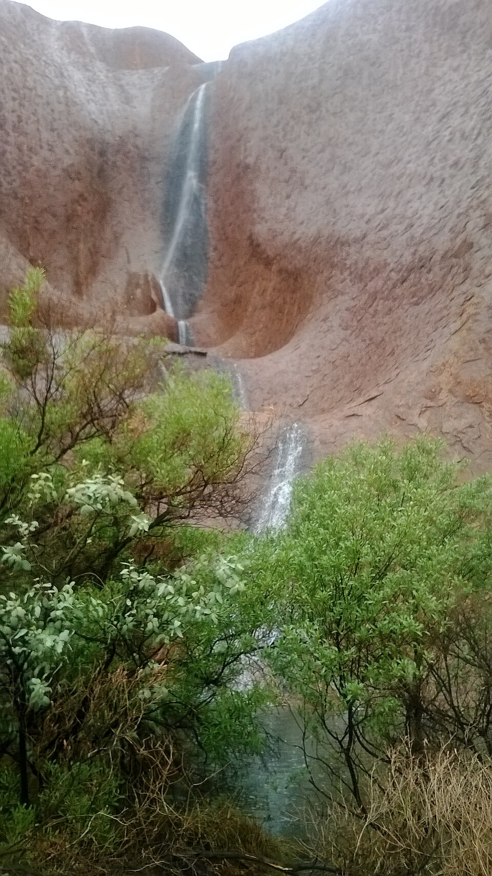 Une cascade coule sur Uluru après la pluie Cascade descendant le long d’une paroi d’Uluru après de fortes pluies en Australie