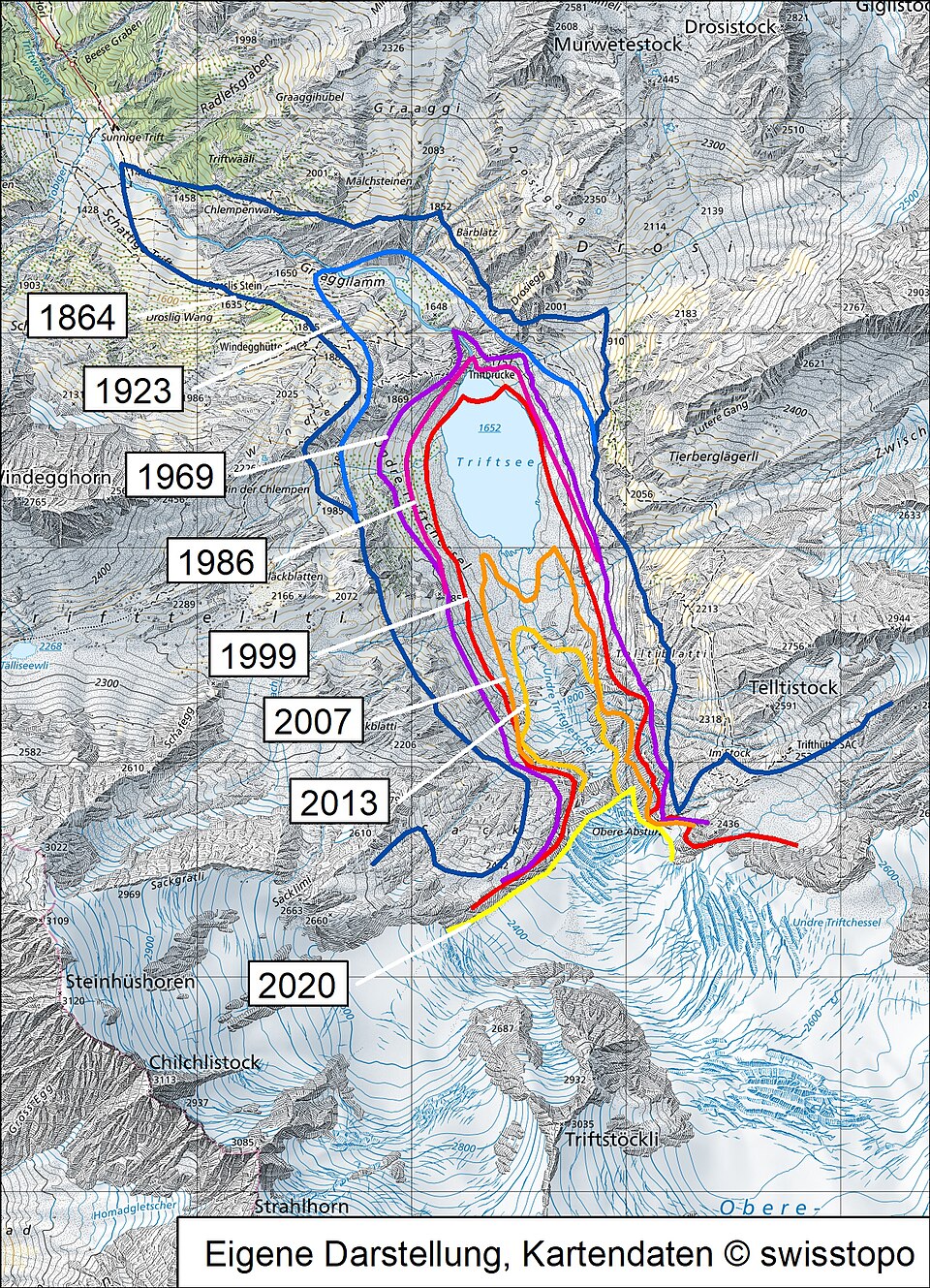 Recul du glacier du Trift entre 1864 et 2020 Carte du recul du glacier du Trift entre 1864 et 2020