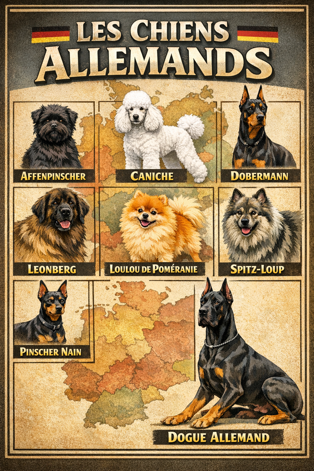 la nationalite des chiens 12 allemagne 1 Infographie des chiens allemands : Affenpinscher, Caniche, Dobermann, Leonberg, Loulou de Poméranie, Spitz-loup, Pinscher nain et Dogue allemand