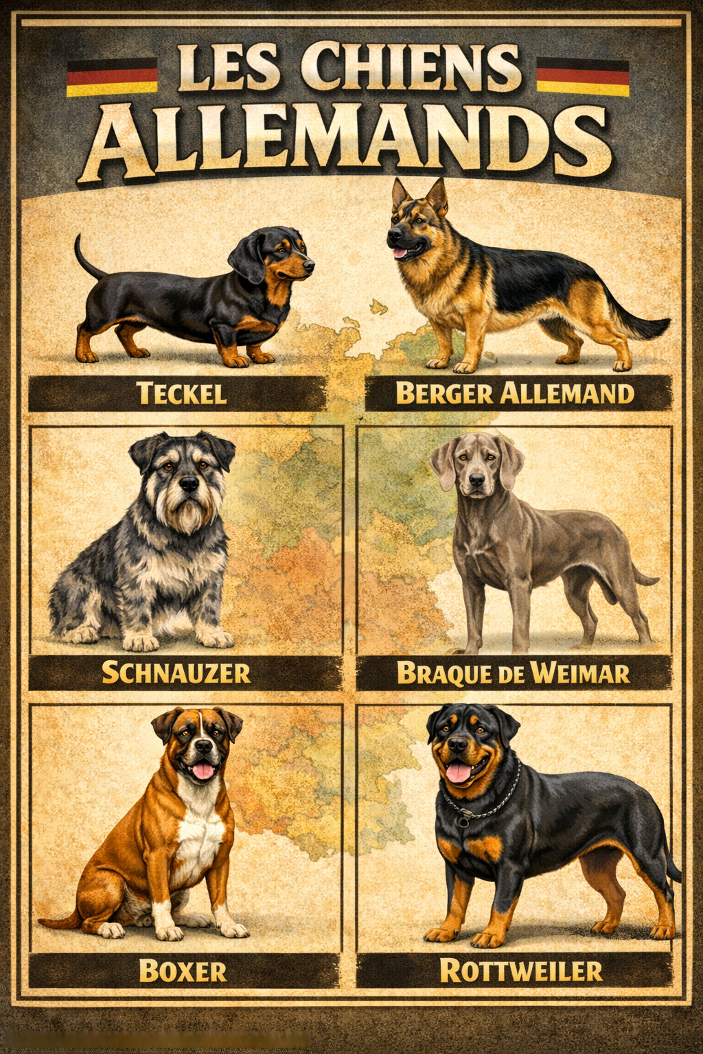 la nationalite des chiens 12 allemagne 2 Infographie des chiens allemands : Teckel, Berger allemand, Schnauzer, Braque de Weimar, Boxer et Rottweiler