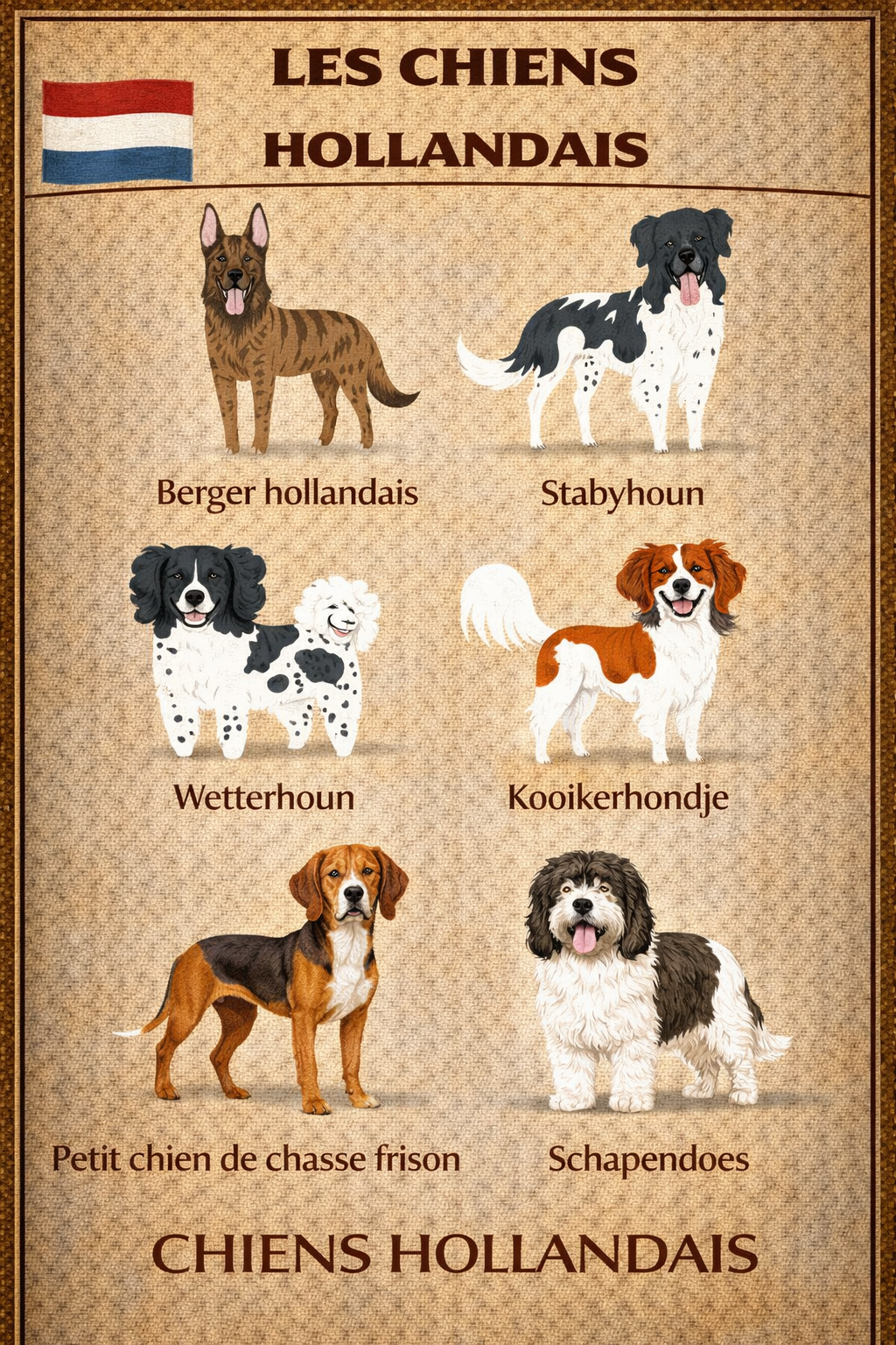 la nationalite des chiens 13 hollande la nationalite des chiens 13 - Infographie des chiens hollandais : Berger hollandais, Stabyhoun, Wetterhoun, Kooikerhondje, Petit chien de chasse hollandais et Schapendoes