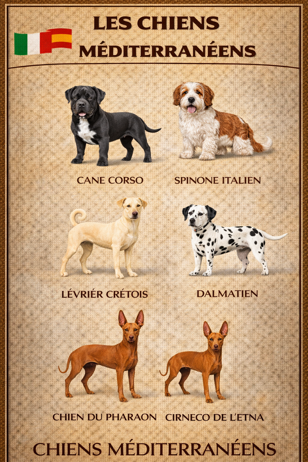 la nationalite des chiens 14 mediteranee 1 la nationalite des chiens 14 mediteranee 1 - Infographie des chiens méditerranéens : Cane Corso, Spinone italien, Lévrier crétois, Dalmatien, Chien du pharaon et Cirneco de l’Etna