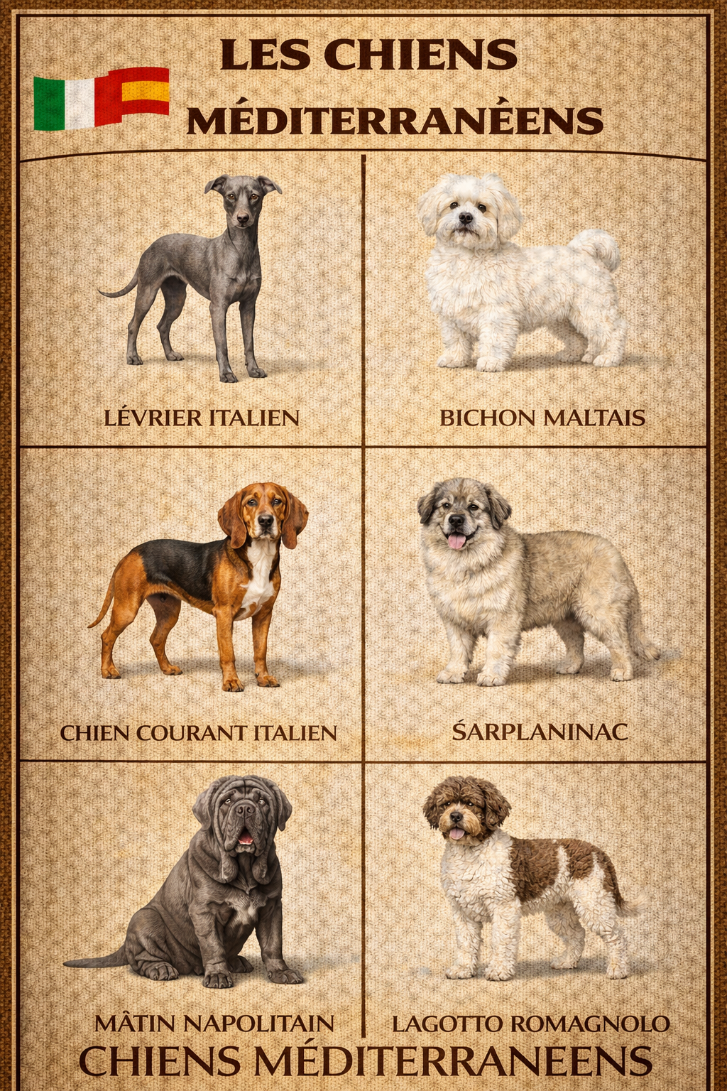 la nationalite des chiens 14 mediteranee 2 la nationalite des chiens 14 mediteranee 2 - Infographie des chiens méditerranéens : Lévrier italien, Bichon maltais, Chien courant italien, Šarplaninac, Mâtin napolitain et Lagotto Romagnolo