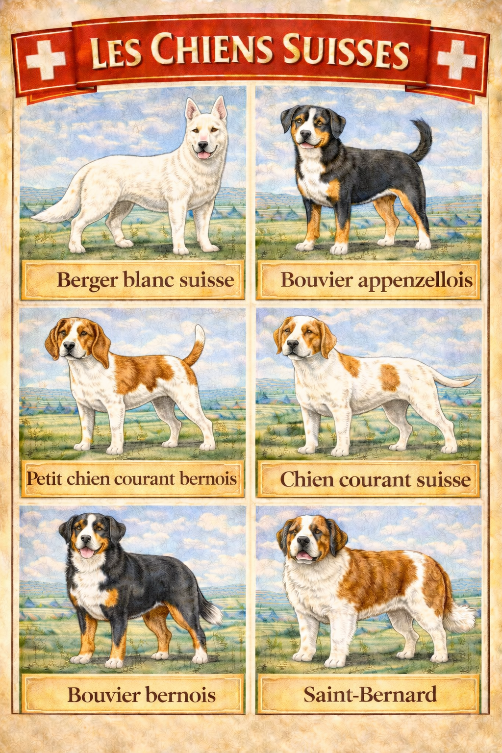 la nationalite des chiens 15 suisse la nationalite des chiens 15 suisse : Berger blanc suisse, Bouvier appenzellois, Petit chien courant bernois, Chien courant suisse, Bouvier bernois et Saint-Bernard.