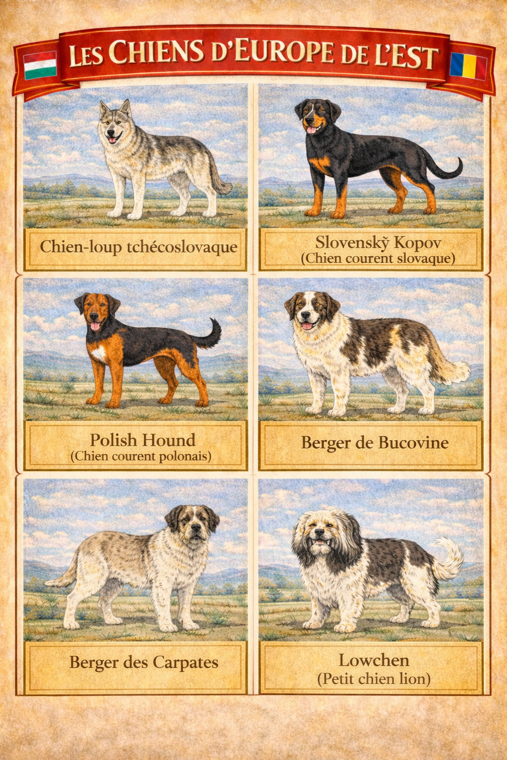 la nationalite des chiens 17 europe est 2 la nationalite des chiens 17 europe est 2 - Chien-loup tchécoslovaque, Slovenský Kopov (chien courant slovaque), Polish Hound (chien courant polonais), Berger de Bucovine, Berger des Carpates et Lowchen (petit chien lion)