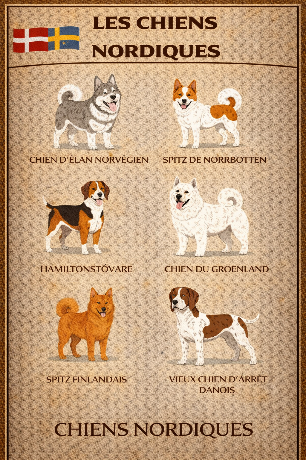 la nationalite des chiens 18 chiens nordiques 1 la nationalite des chiens 18 chiens nordiques 1 - Infographie des chiens nordiques : Chien d’élan norvégien, Spitz de Norrbotten, Hamiltonstövare, Chien du Groenland, Spitz finlandais et Vieux chien d’arrêt danois