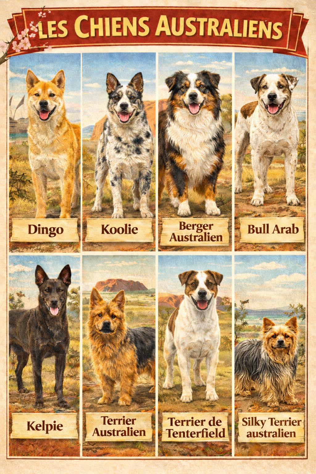 la nationalite des chiens 2 australie Infographie des chiens australiens : Terrier australien, Berger australien, Koolie, Bull Arab, Terrier de Tenterfield, Silky Terrier australien, Dingo et Kelpie australien.