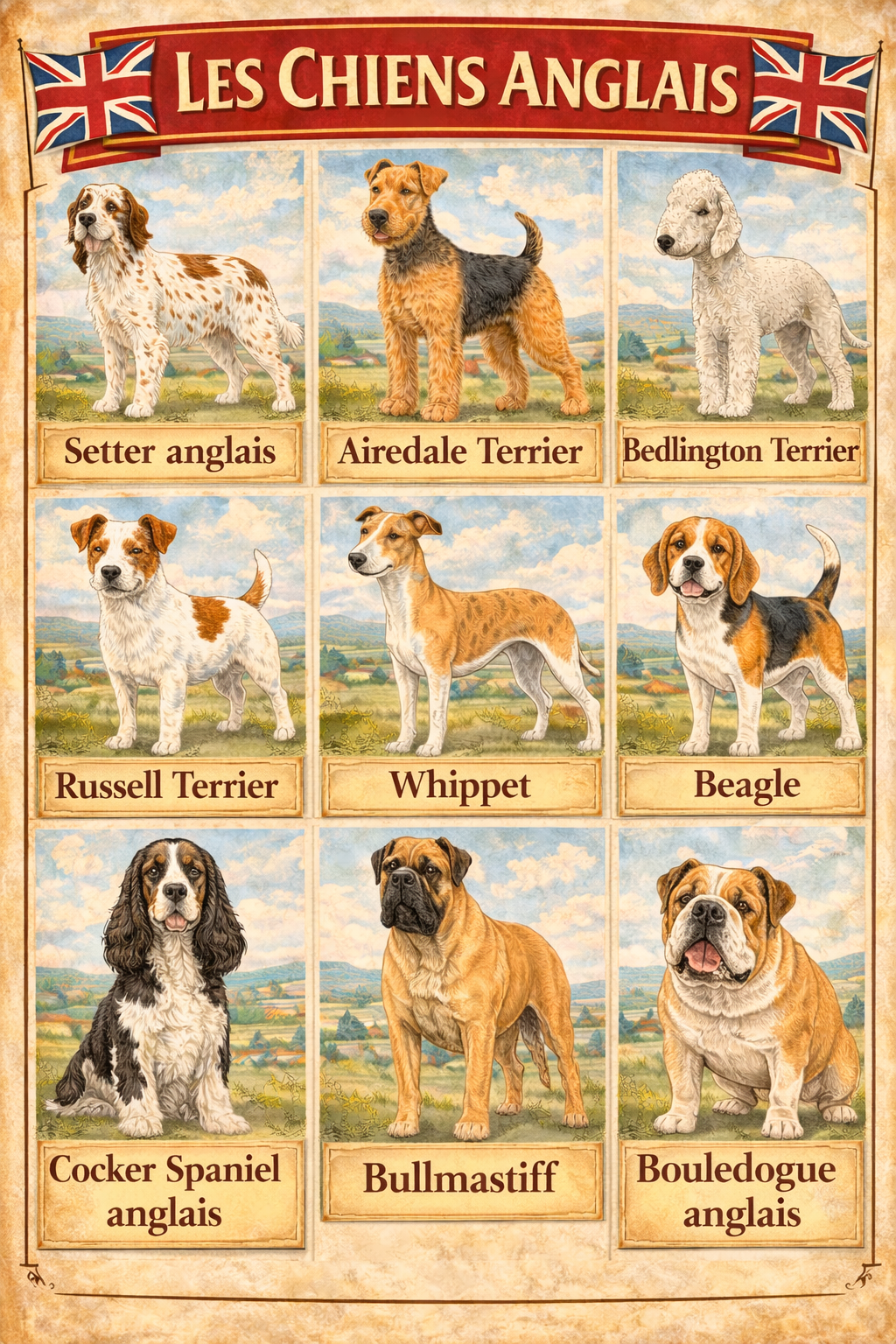 la nationalite des chiens 4 angleterre 1 la nationalite des chiens 4 angleterre : Setter anglais, Airedale Terrier, Bedlington Terrier, Russell Terrier, Whippet, Beagle, Cocker Spaniel anglais, Bullmastiff, Bouledogue anglais.