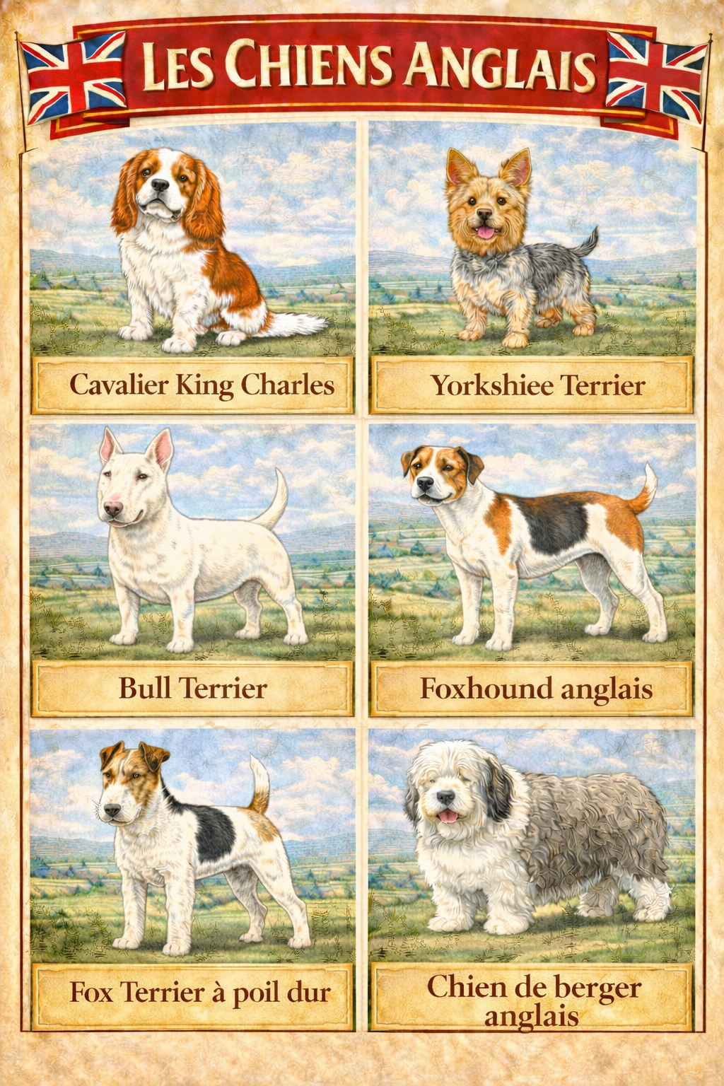 la nationalite des chiens 4 angleterre 2 la nationalite des chiens 4 angleterre 2 : Cavalier King Charles, Yorkshire Terrier, Bull Terrier, Foxhound anglais, Fox Terrier à poil dur, Chien de berger anglais.