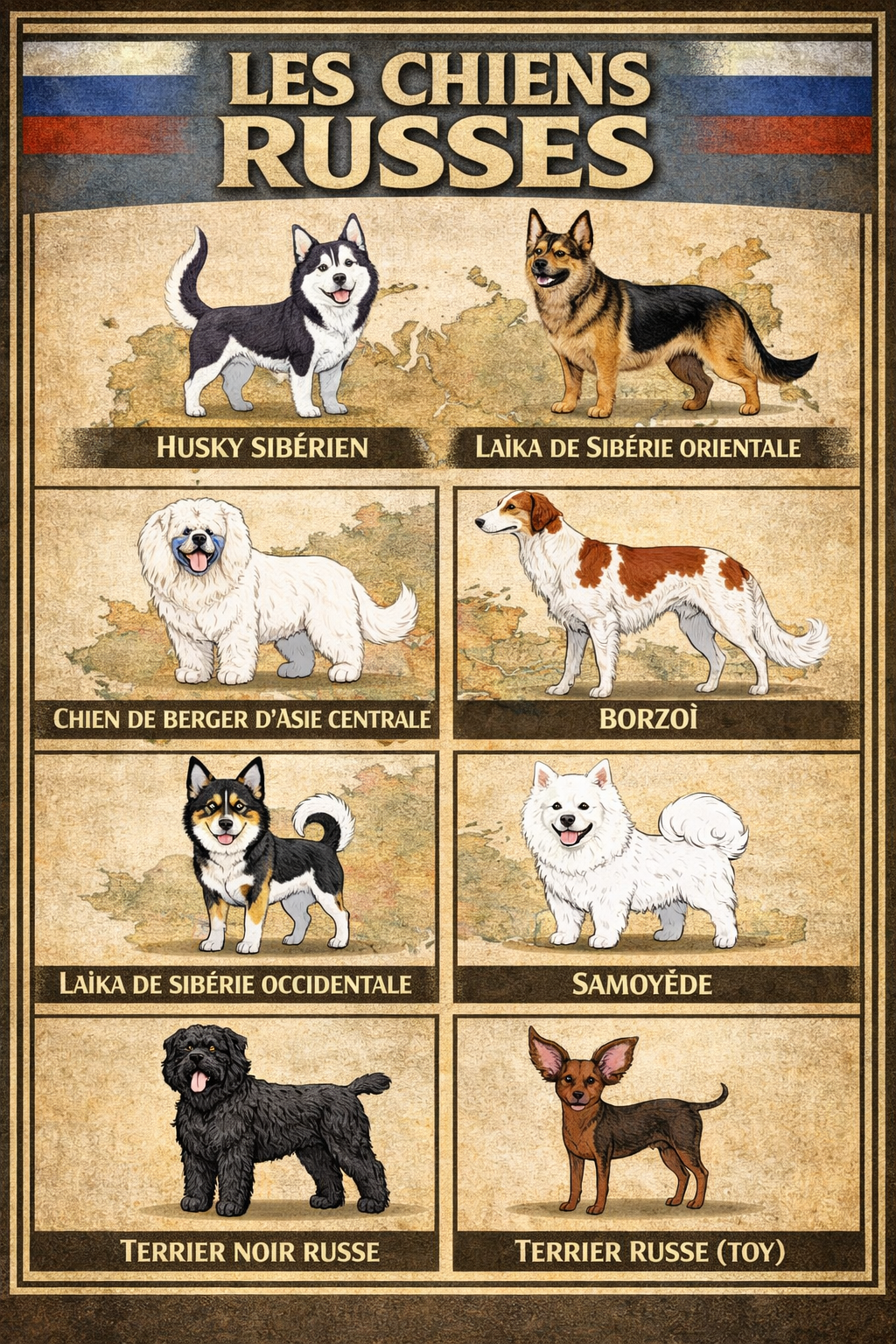 la nationalite des chiens 7 russie Infographie des chiens russes : Husky sibérien, Laïka de Sibérie orientale, Chien de berger d’Asie centrale, Borzoï, Laïka de Sibérie occidentale, Samoyède, Terrier noir russe et Terrier russe toy