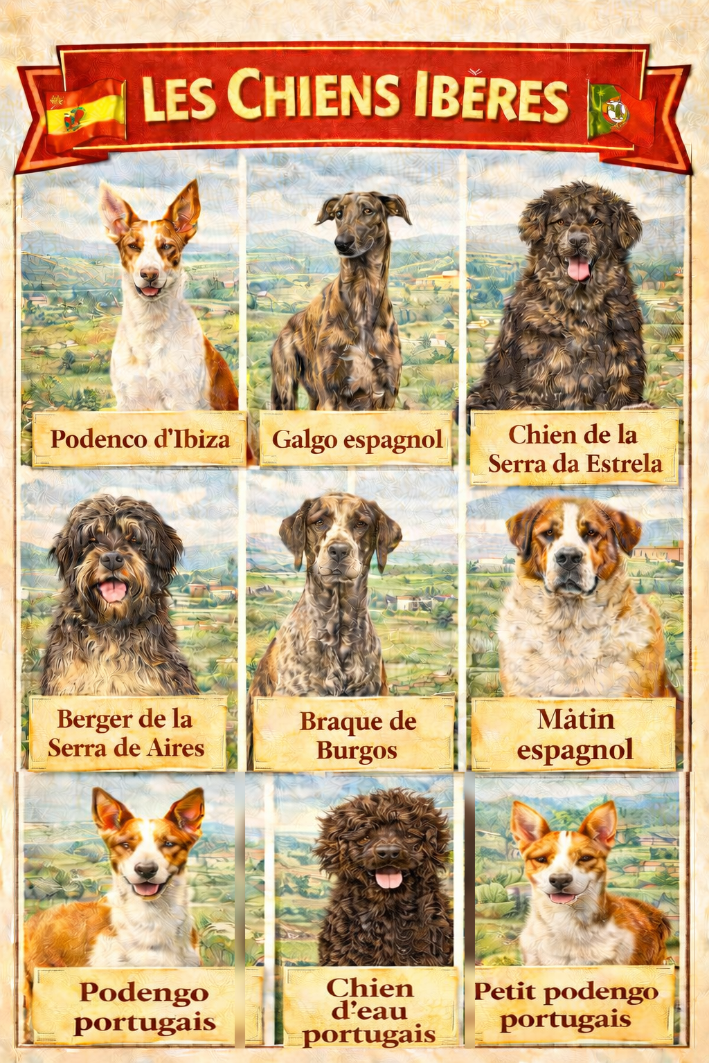 les chiens iberes style corrige ligne3 Infographie des chiens ibères : Podenco d’Ibiza, Galgo espagnol, Chien de la Serra da Estrela, Berger de la Serra de Aires, Braque de Burgos, Mâtin espagnol, Podengo portugais, Chien d’eau portugais et Petit podengo portugais.