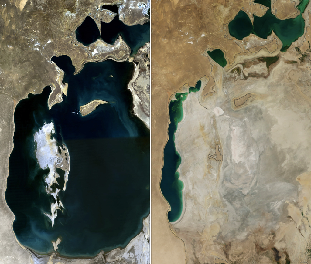 Comparaison satellite de la mer d’Aral en 1989 et 2014 Comparaison satellite de la mer d’Aral en 1989 et 2014