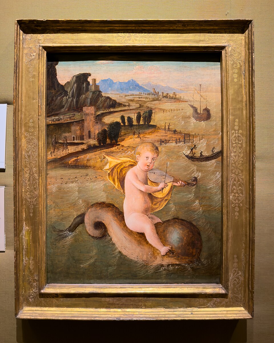 arion enfant dauphin francesco bianchi ferrari Arion enfant chevauchant un dauphin dans une peinture de Francesco Bianchi Ferrari