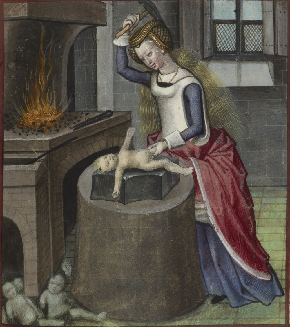 nature forgeant bebe roman de la rose Nature forgeant un bébé au marteau dans un manuscrit du Roman de la Rose