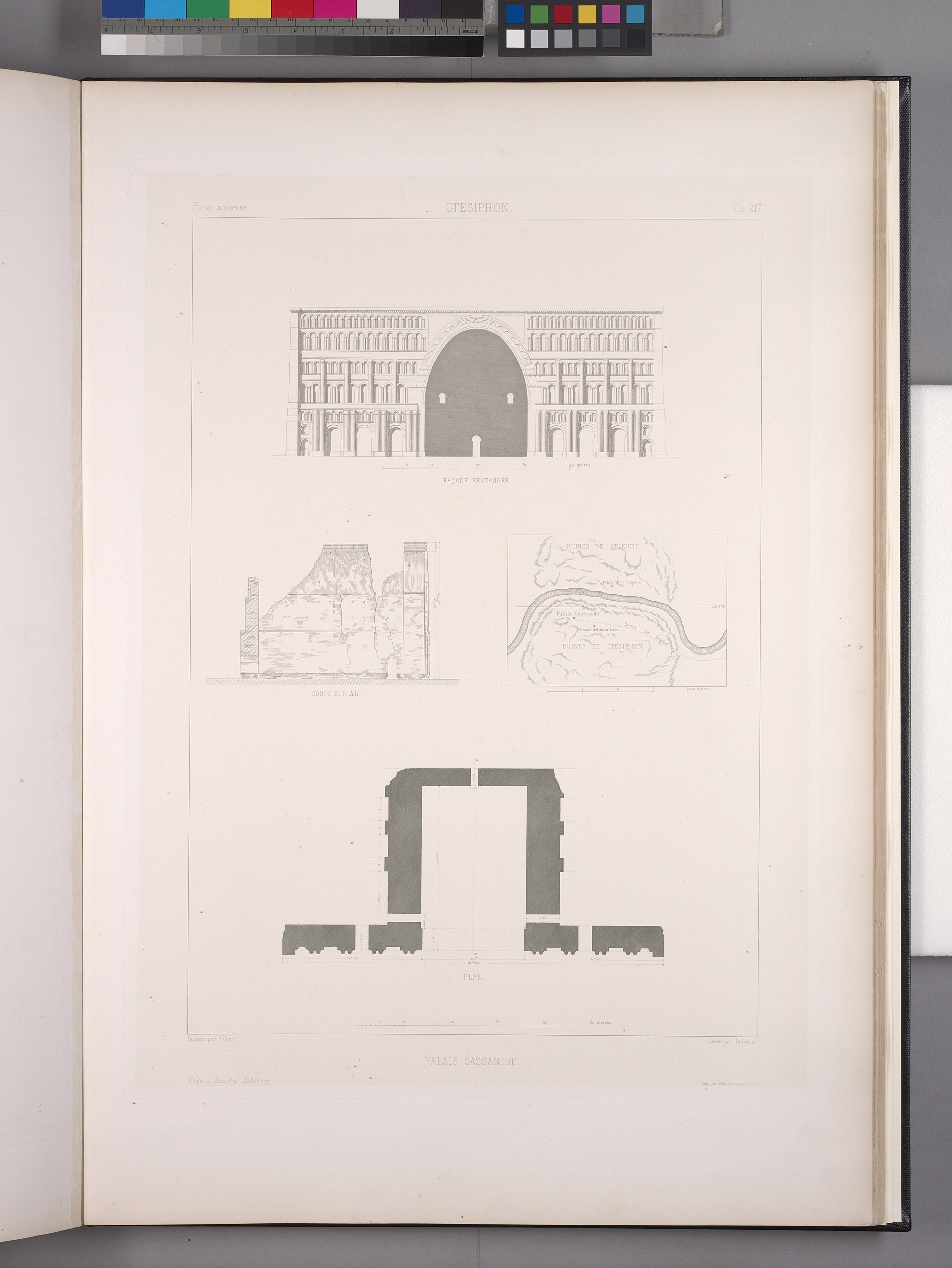 Reconstitution, façade, coupe et plan du palais sassanide de Ctésiphon Reconstitution, façade, coupe et plan du palais sassanide de Ctésiphon