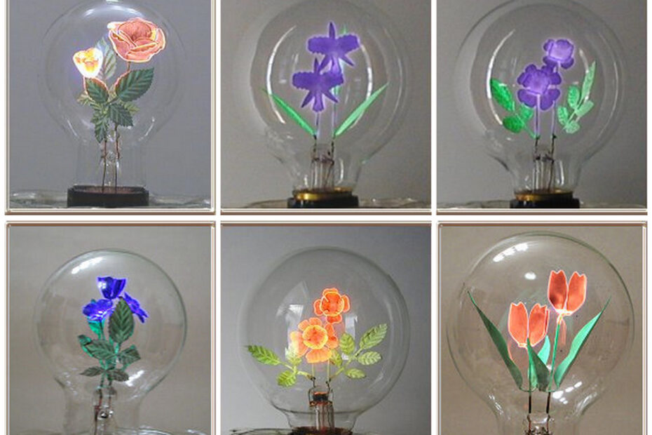 Les ampoules avec des filaments en forme de fleurs de Aerolux des ampoules avec des filaments en forme de fleurs de Aerolux Collection d’ampoules Aerolux vintage avec fleurs et motifs figuratifs lumineux