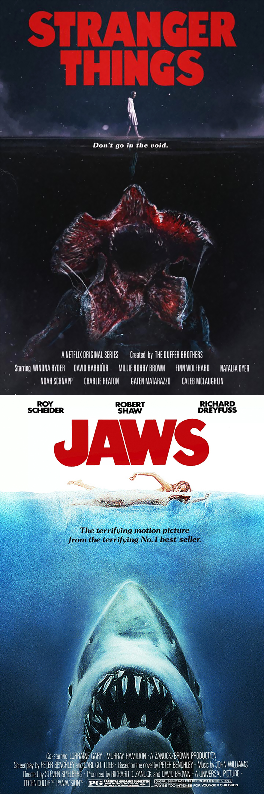 Quand Stranger Things reprend des affiches de films d'horreur des années 70 et 80 Quand Stranger Things reprend des affiches de films d horreur des annees 70 et 80 1 les dents de la mer Quand Stranger Things reprend des affiches de films d'horreur des années 70 et 80 Jaws