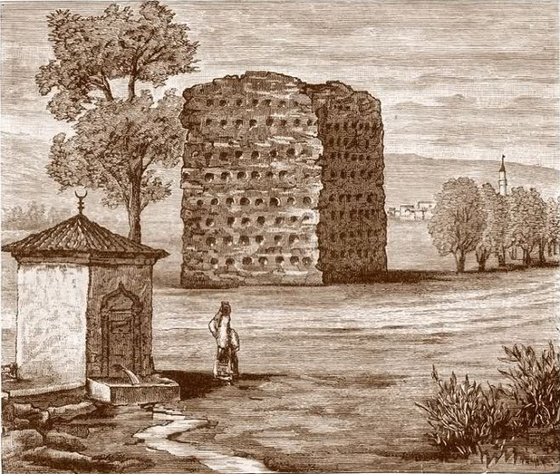 Ćele kula, la tour des crânes de Niš représentée en 1863 Ćele kula, la tour des crânes de Niš représentée en 1863