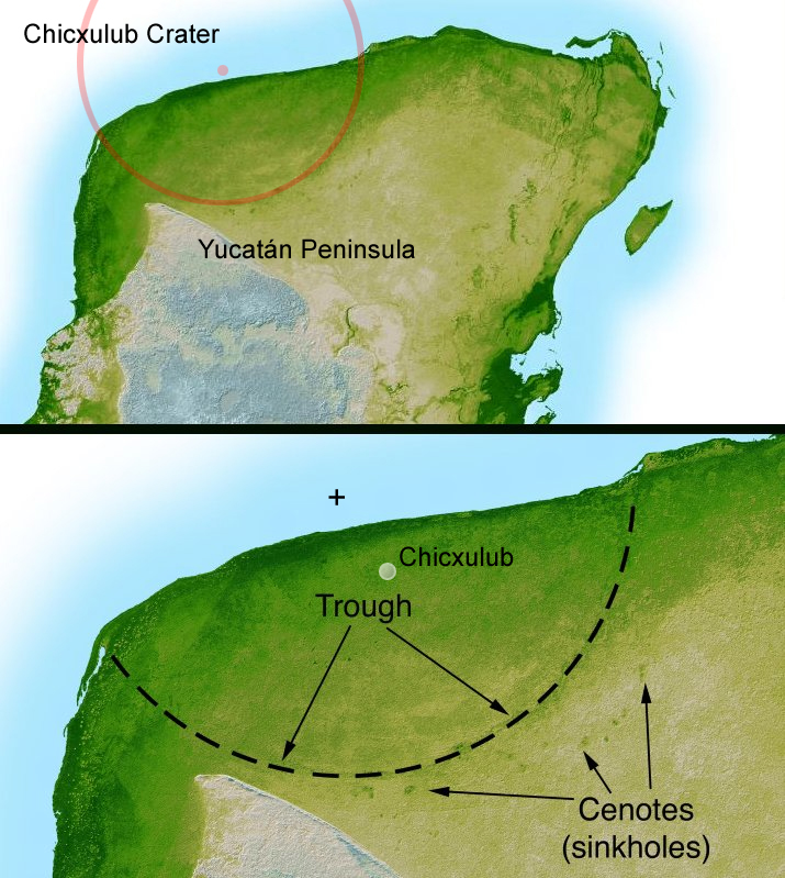 Carte du cratère de Chicxulub sous la péninsule du Yucatán Carte du cratère de Chicxulub sous la péninsule du Yucatán