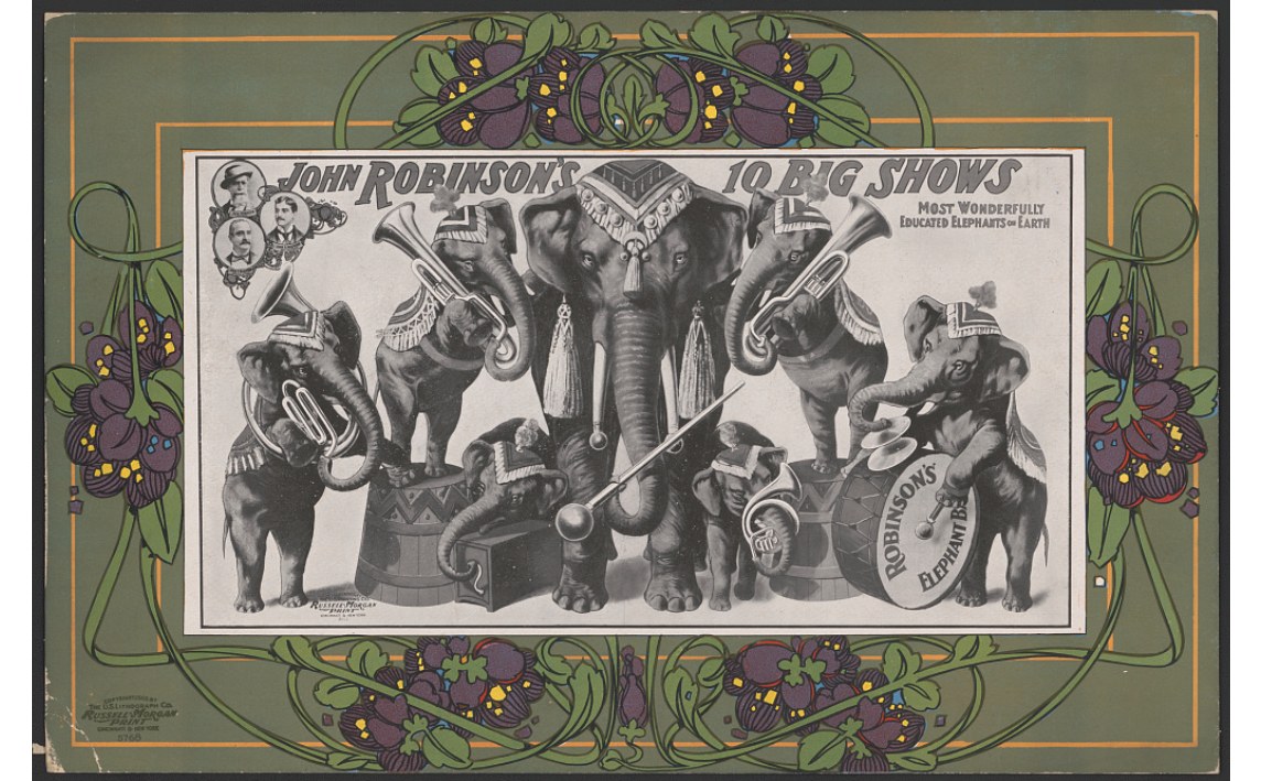 Éléphants dressés jouant des instruments dans une affiche de cirque américaine de 1902 Éléphants dressés jouant des instruments dans une affiche de cirque américaine de 1902