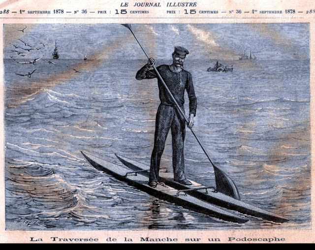 Début 1900, une femme sur un podoscaphe, ancêtre du paddle traversee de la manche sur un podoscaphe ancetre du paddle 1878 1 traversee-de-la-manche-sur-un-podoscaphe-ancetre-du-paddle-1878-1