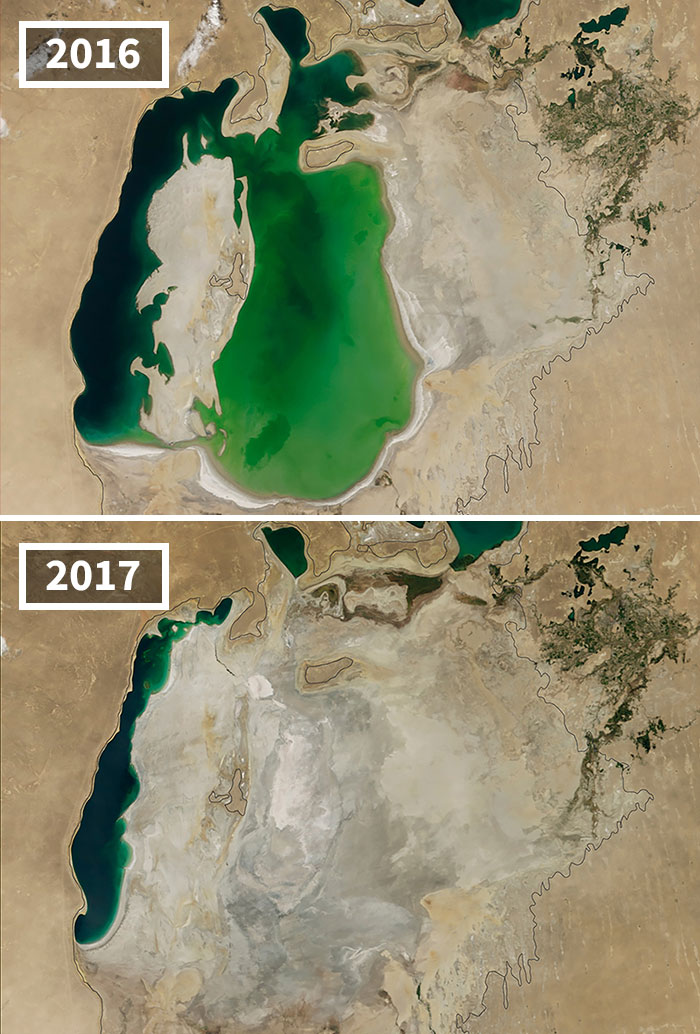 20 images avant - après de la NASA qui montrent le désastre du réchauffement climatique 20 images avant apres de la NASA qui montrent le desastre du rechauffement climatique 2 mer d aral 20-images-avant-apres-de-la-NASA-qui-montrent-le-desastre-du-rechauffement-climatique-2-mer-d-aral