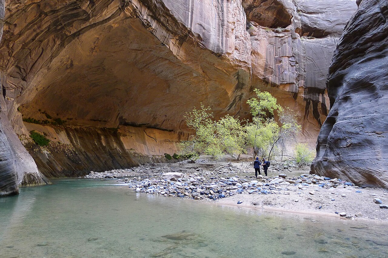 Randonneurs marchant dans la Virgin River à The Narrows dans Zion National Park Randonneurs marchant dans la Virgin River à The Narrows dans Zion National Park