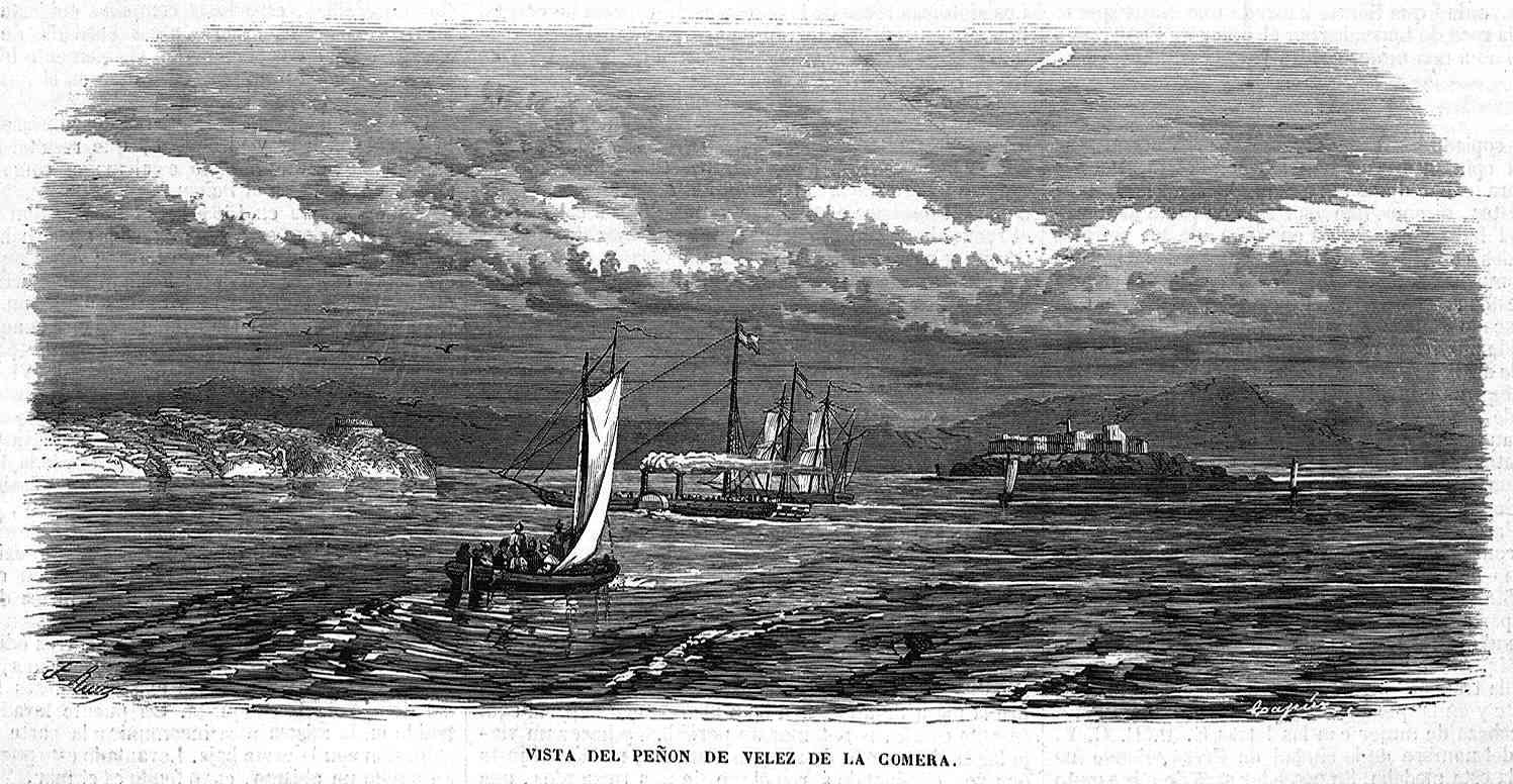 Peñón de Vélez de la Gomera en 1859 lorsqu'il était encore une île Peñón de Vélez de la Gomera en 1859 lorsqu'il était encore une île