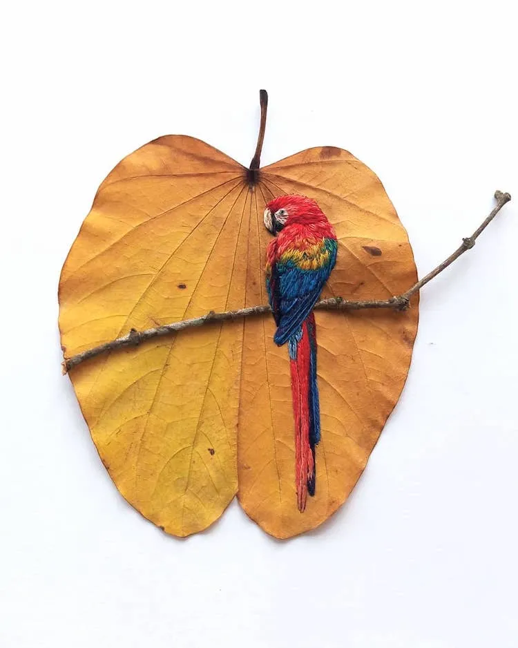 Des broderies d' oiseaux sur des feuilles mortes broderies d oiseaux sur des feuilles mortes par Laura Dalla Vecchia 4 broderies d oiseaux sur des feuilles mortes par Laura Dalla Vecchia 4