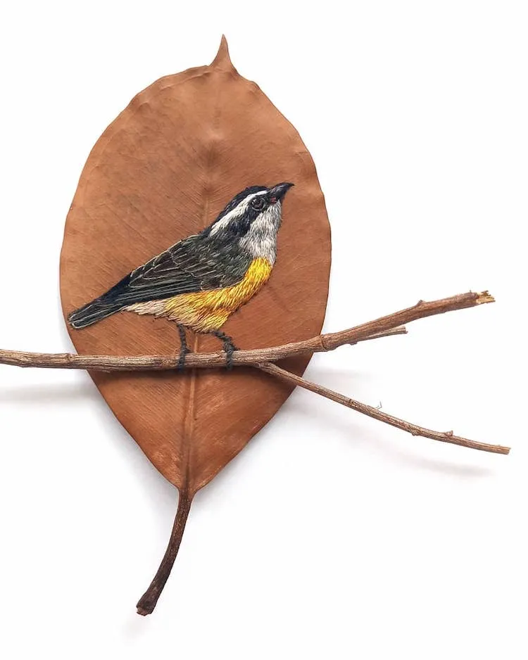 Des broderies d' oiseaux sur des feuilles mortes broderies d oiseaux sur des feuilles mortes par Laura Dalla Vecchia 6 broderies d oiseaux sur des feuilles mortes par Laura Dalla Vecchia 6