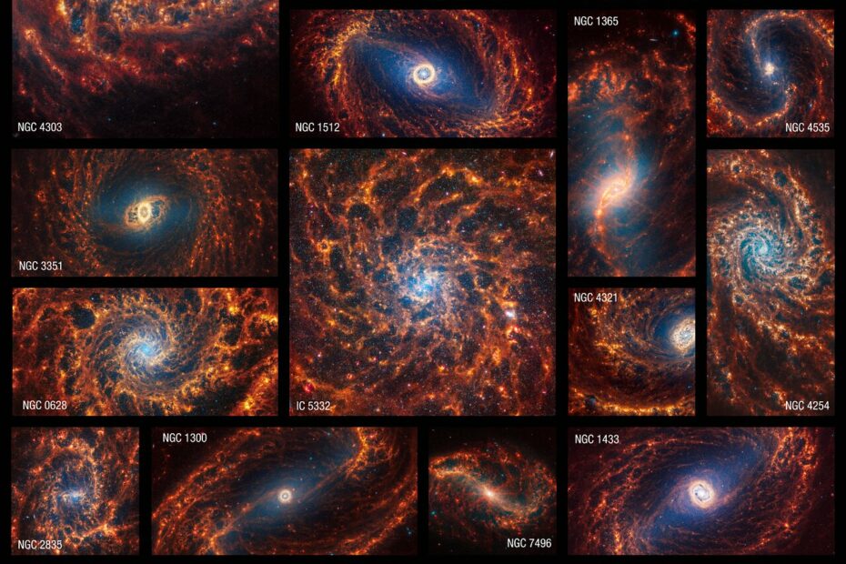 19 galaxies spirales vues par James Webb : ce que révèlent leurs bras de poussière 19 galaxies spirales james webb phangs Mosaïque de 19 galaxies spirales observées par le télescope James Webb