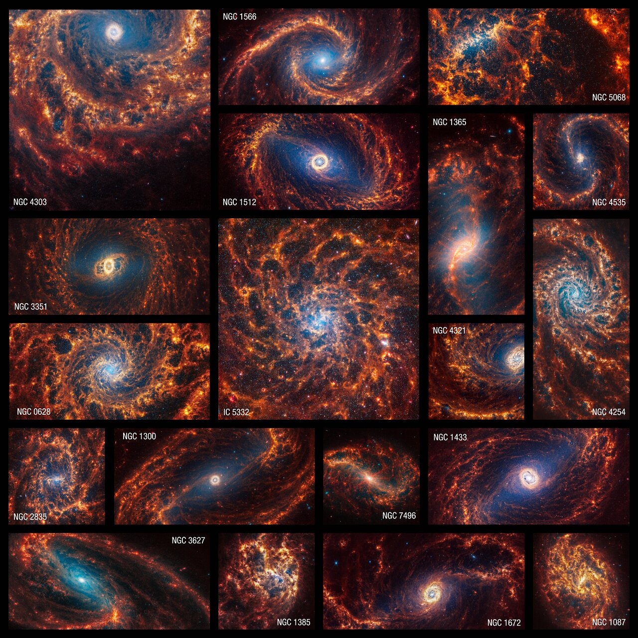 19 galaxies spirales james webb phangs Mosaïque de 19 galaxies spirales observées par le télescope James Webb