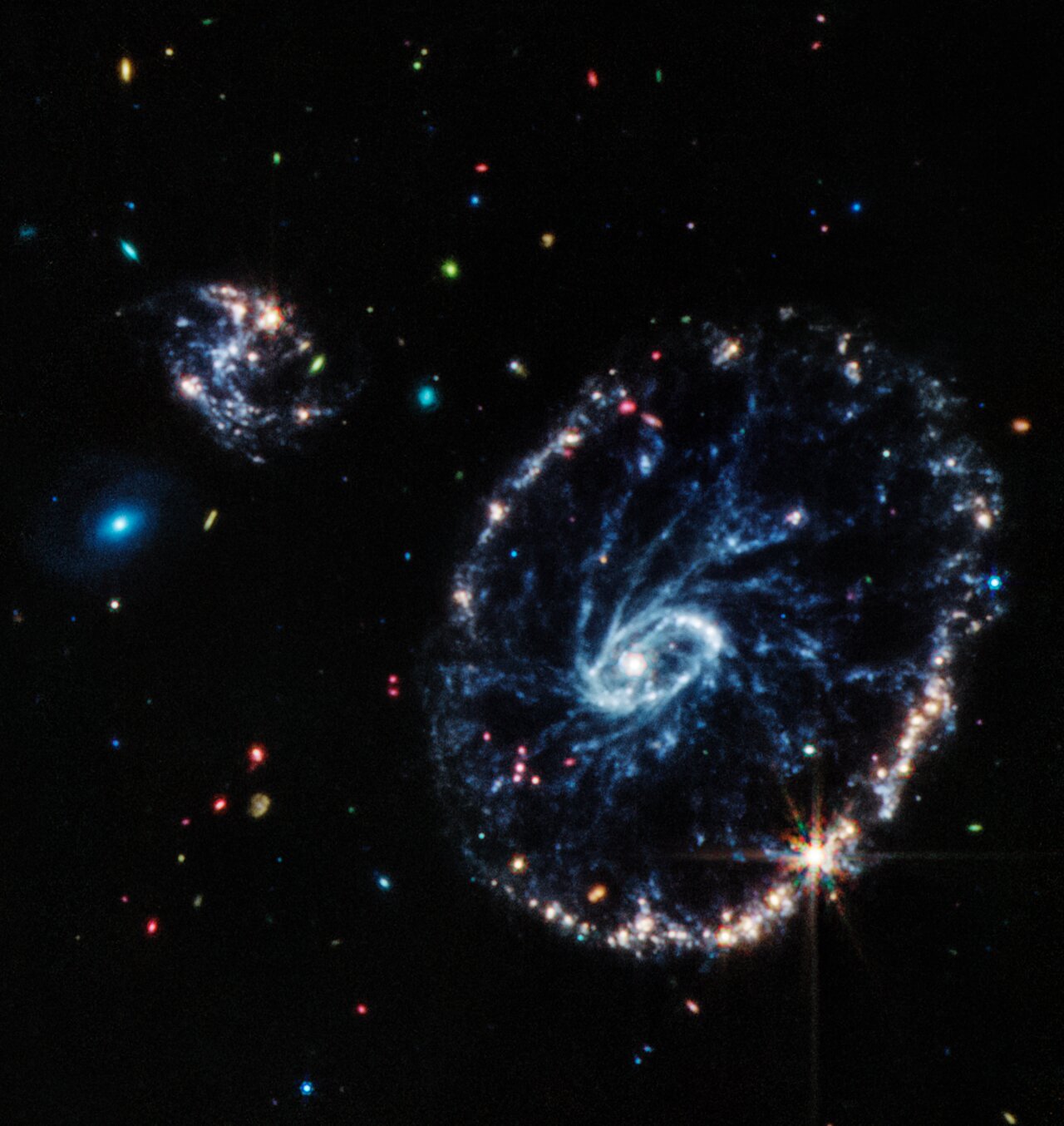 La Roue de Chariot vue par James Webb en infrarouge moyen Galaxie de la Roue de Chariot observée en infrarouge moyen par James Webb