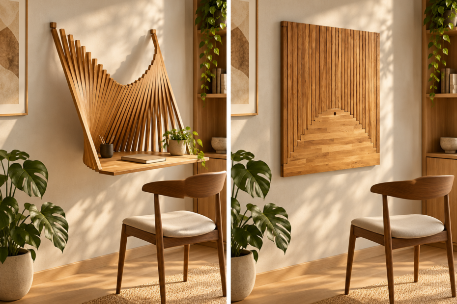 Un magnifique bureau mural qui se plie en œuvre d'art Bureau mural scandinave ouvert et ferme Illustration d’un bureau mural en bois ouvert et fermé, transformé d’un tableau mural en espace de travail design