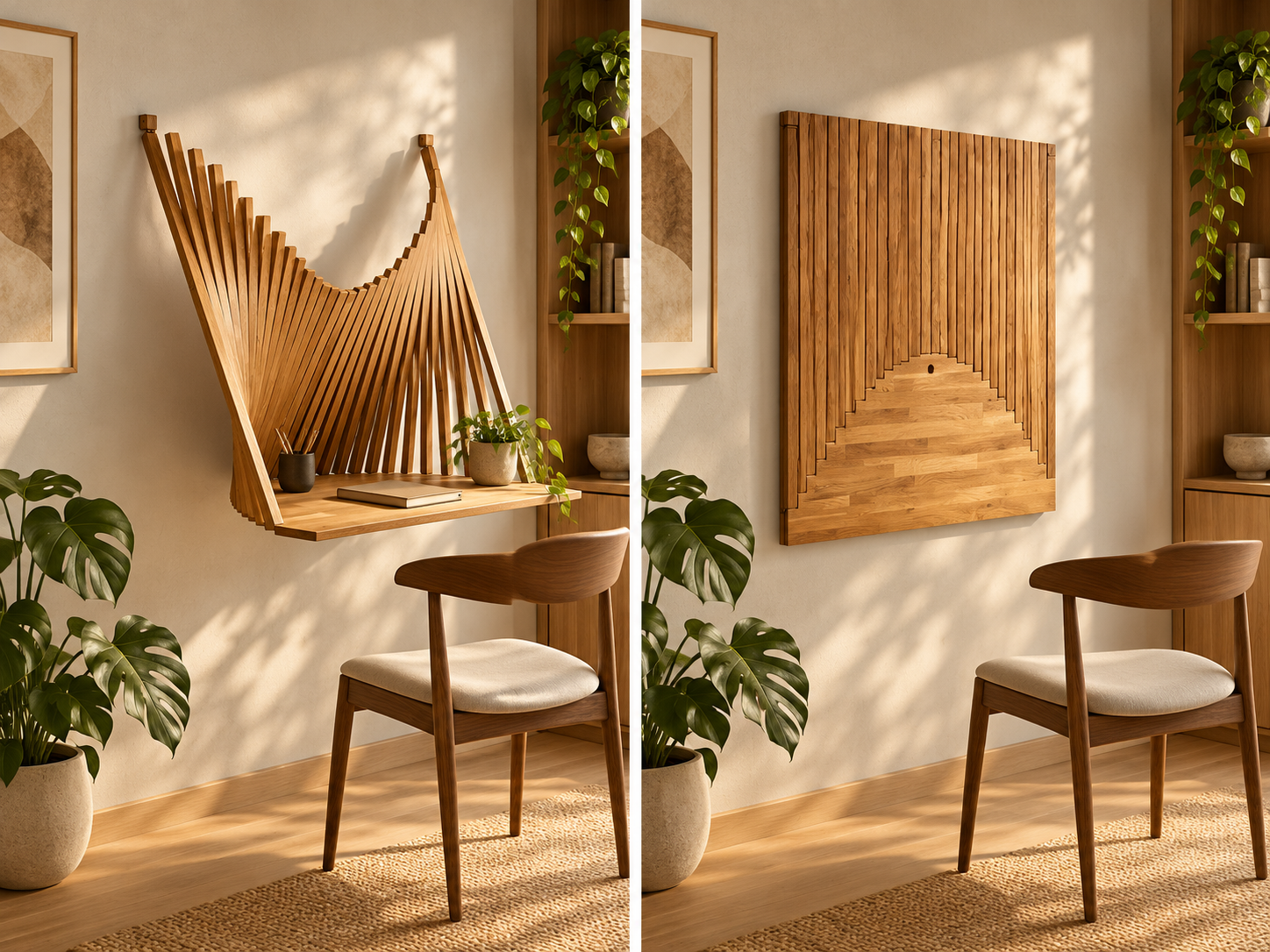 Bureau mural scandinave ouvert et fermé Illustration d’un bureau mural en bois ouvert et fermé, transformé d’un tableau mural en espace de travail design