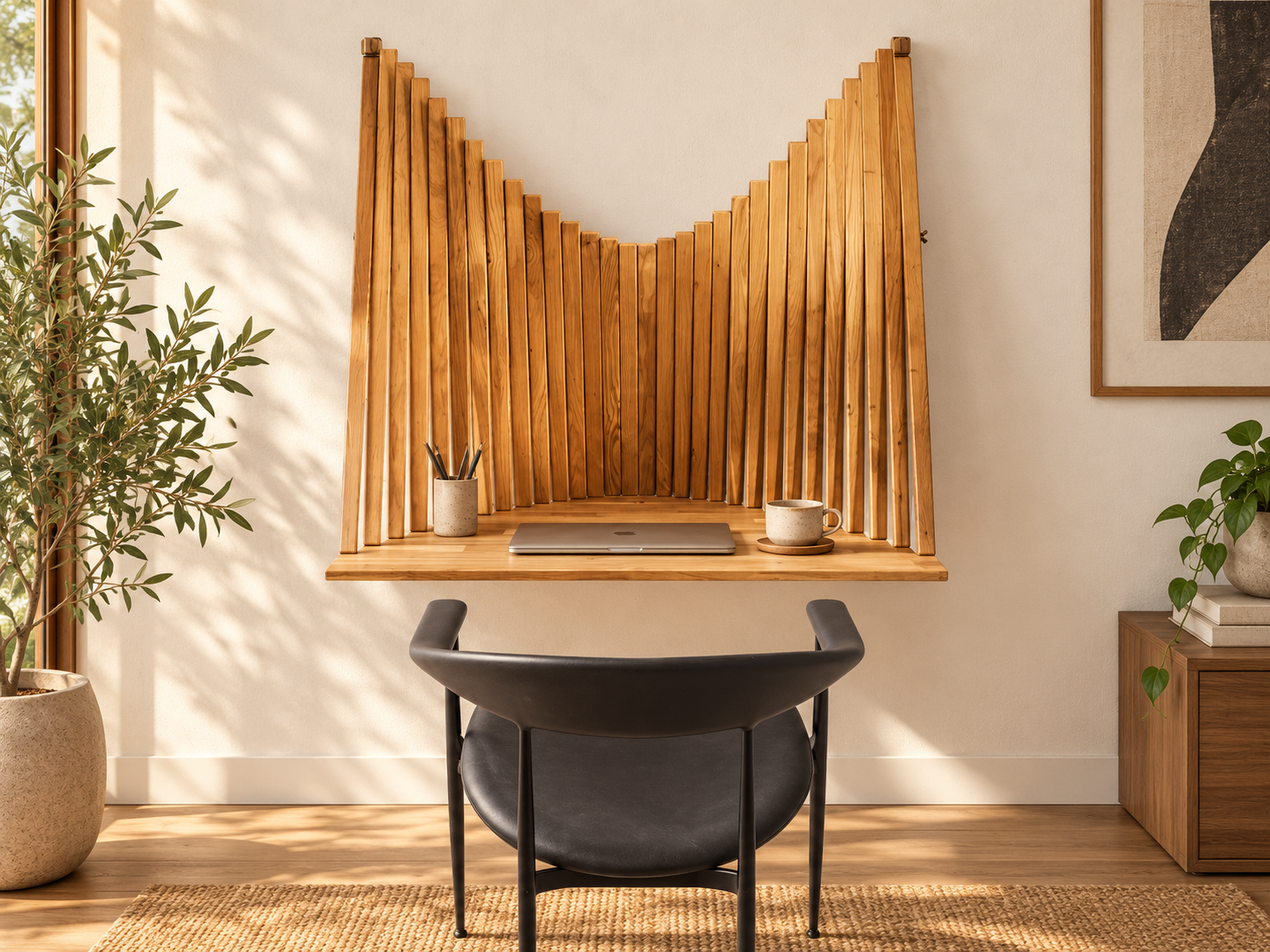 Bureau mural en bois sculptural Illustration d’un bureau mural sculptural en lattes de bois déployées formant une tablette de travail