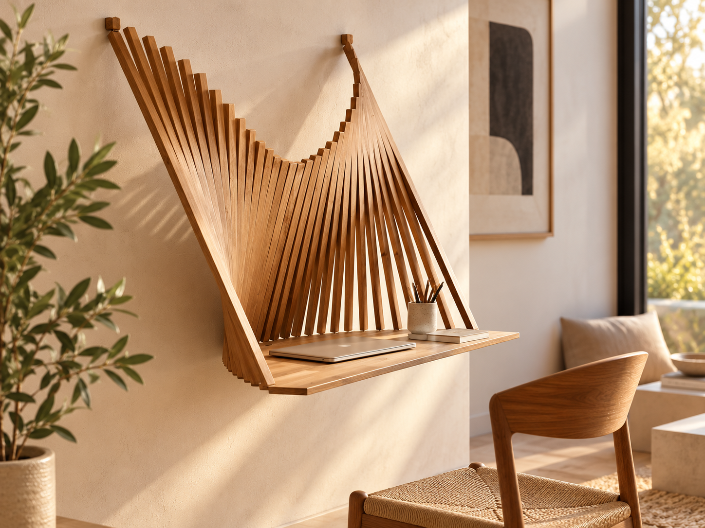 bureau mural scandinave baigne de lumiere Illustration d’un bureau mural en bois dans un intérieur lumineux de style scandinave