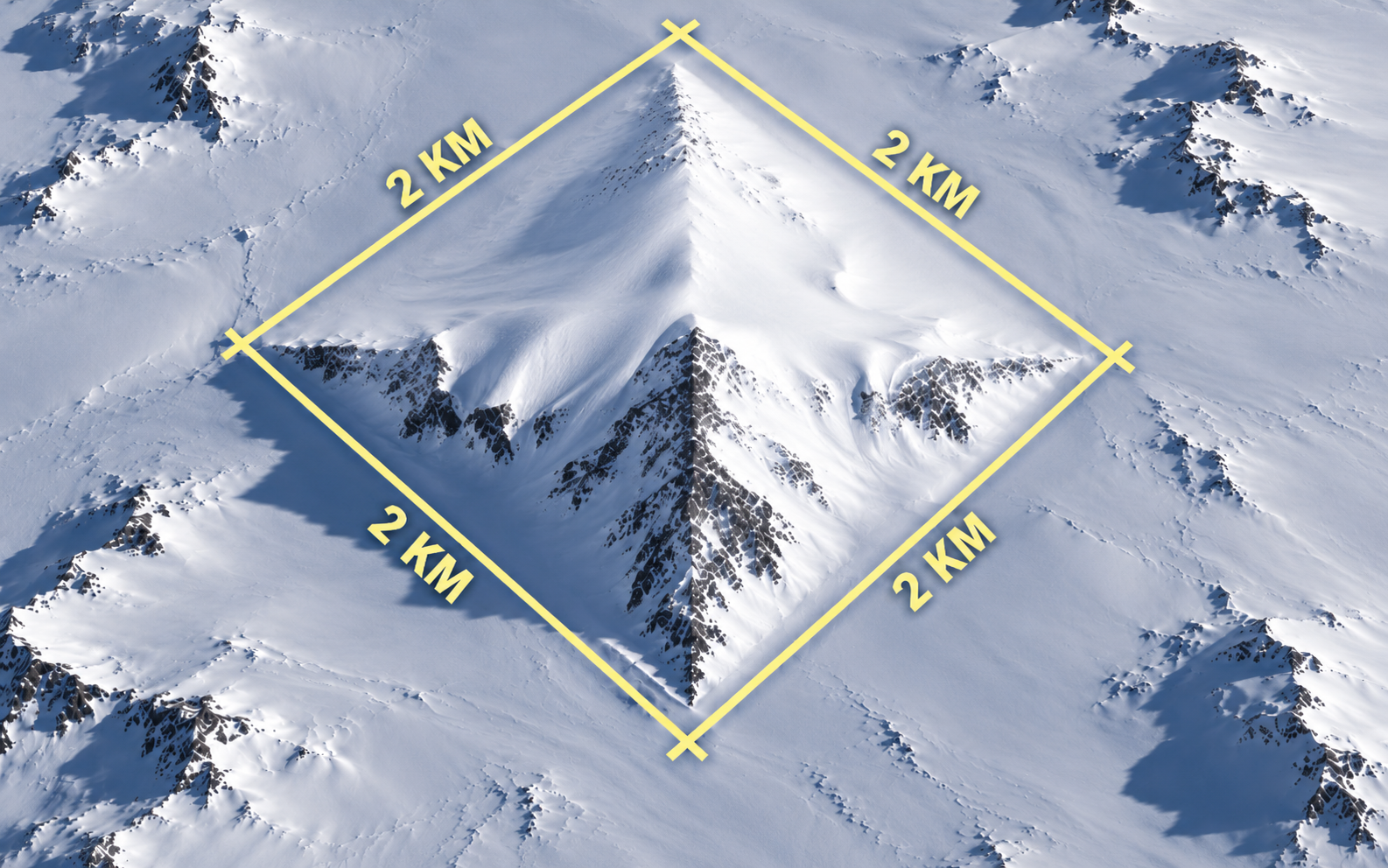 Pyramide de l'Antarctique, illustration de sa forme géométrique Illustration de la pyramide des monts Ellsworth en Antarctique, avec quatre faces enneigées et un cadre indicatif de deux kilomètres