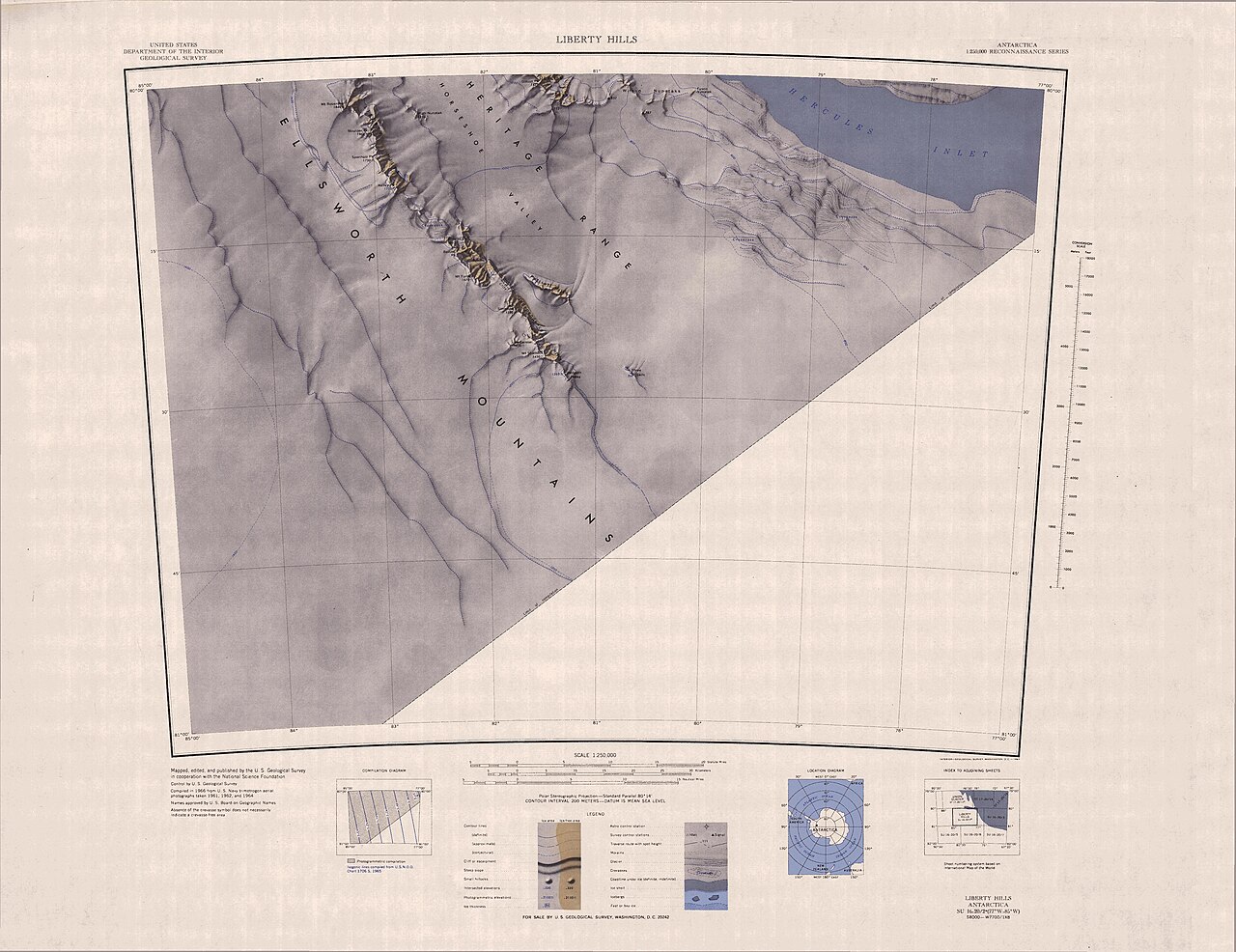 Carte topographique du sud du Heritage Range en Antarctique Carte topographique USGS de 1966 montrant les reliefs et glaciers du sud des monts Ellsworth en Antarctique