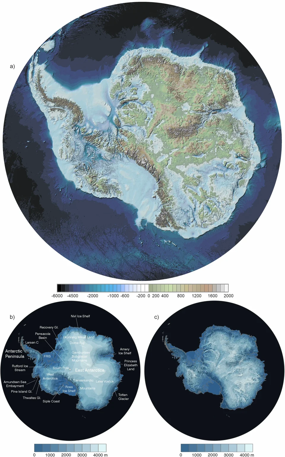 Bedmap3 montrant le relief du socle, la surface et l’épaisseur de la glace en Antarctique Bedmap3 montrant le relief du socle, la surface et l’épaisseur de la glace en Antarctique