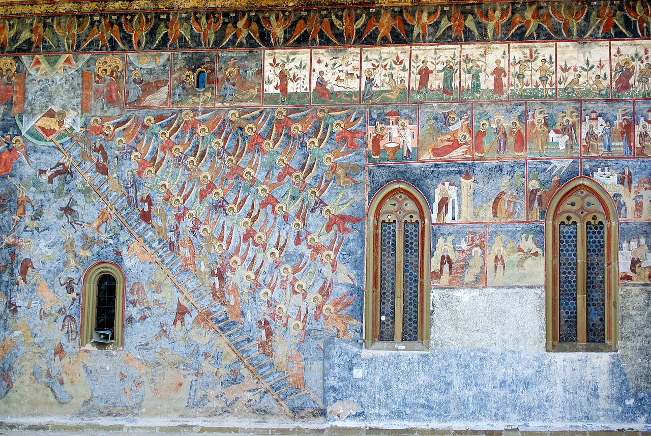 Fresque de l’Échelle des Vertus au monastère de Sucevița en Roumanie Fresque de l’Échelle des Vertus au monastère de Sucevița en Roumanie