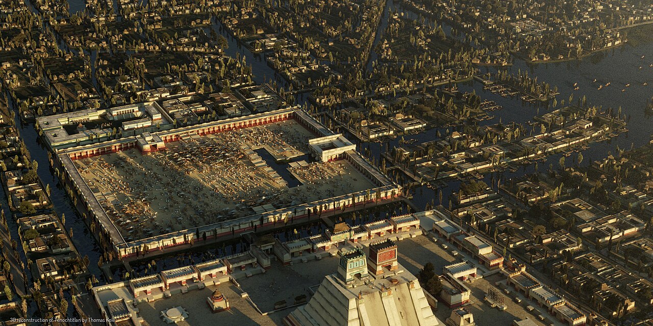 Le marché de Tlatelolco dans la reconstitution de Thomas Kole Reconstitution du grand marché de Tlatelolco près de Tenochtitlan au début du XVIe siècle