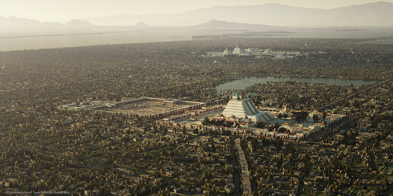 Tlatelolco et Tenochtitlan dans la reconstitution de Thomas Kole Reconstitution de Tlatelolco et Tenochtitlan par Thomas Kole