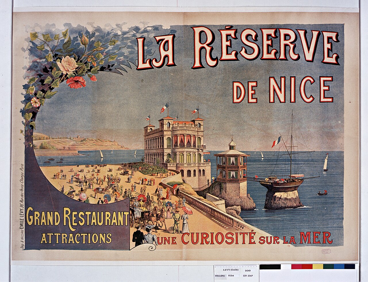 la reserve nice affiche 1892 Affiche de La Réserve de Nice en 1892 avec le restaurant au-dessus de la mer