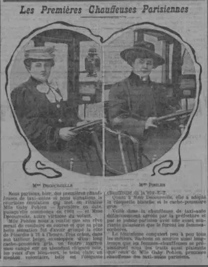 Madame Inès Decourcelle, première femme chauffeur de taxi à Paris chauffeuses parisiennes 1908 ines decourcelle gaby pohlen chauffeuses-parisiennes-1908-ines-decourcelle-gaby-pohlen