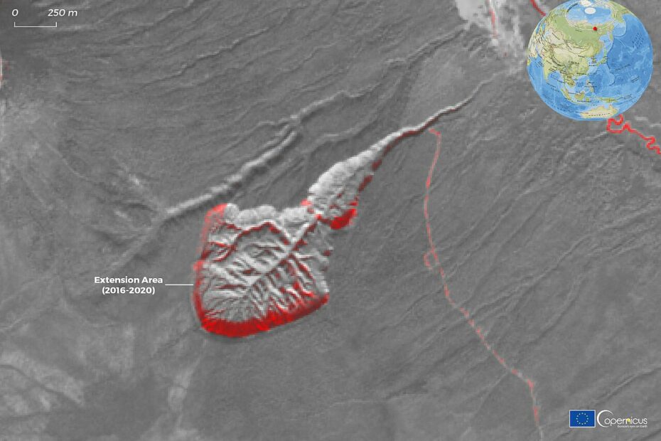 Le cratère de Batagaika, le plus grand effondrement de pergélisol connu cratere de batagaika siberie copernicus Vue satellite du cratère de Batagaika en Sibérie, immense effondrement du pergélisol
