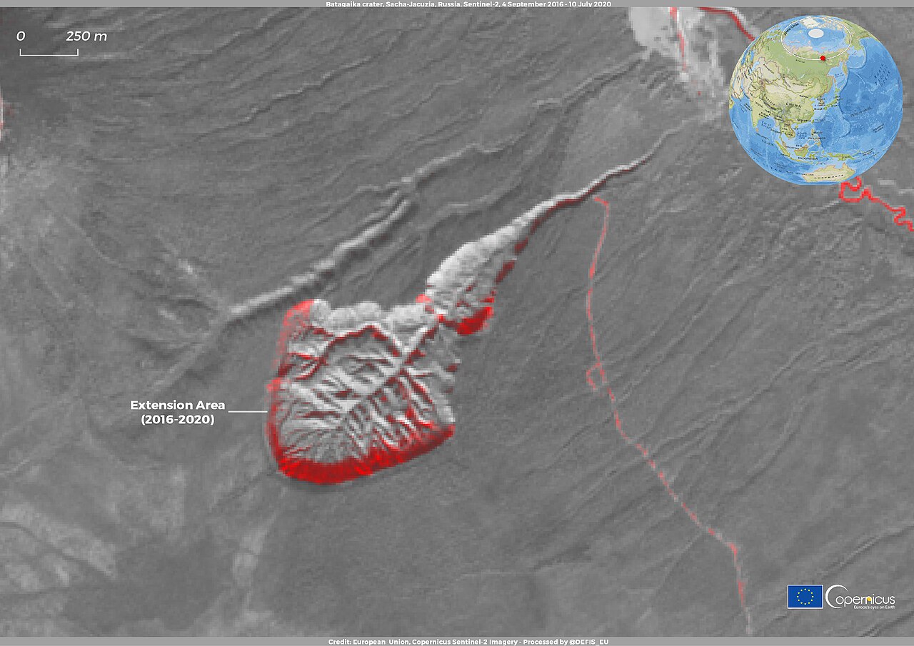 Cratère de Batagaika en Sibérie Vue satellite du cratère de Batagaika en Sibérie, immense effondrement du pergélisol