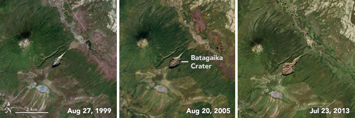 Évolution du cratère de Batagaika entre 1999 et 2013 Évolution du cratère de Batagaika entre 1999 et 2013 vue par satellite