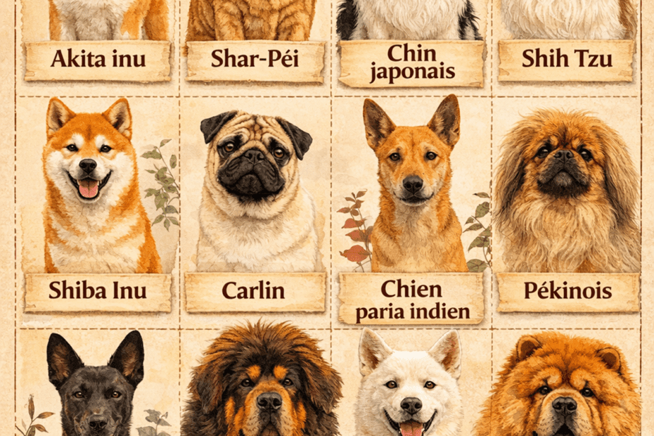 la nationalite des chiens 1 asie - Infographie des chiens asiatiques : Akita inu, Shar Peï, Chin japonais, Shih Tzu, Shiba Inu, Carlin, Chien paria indien, Pékinois, Chien de Formose, Dogue du Tibet, Jindo coréen et Chow-Chow.